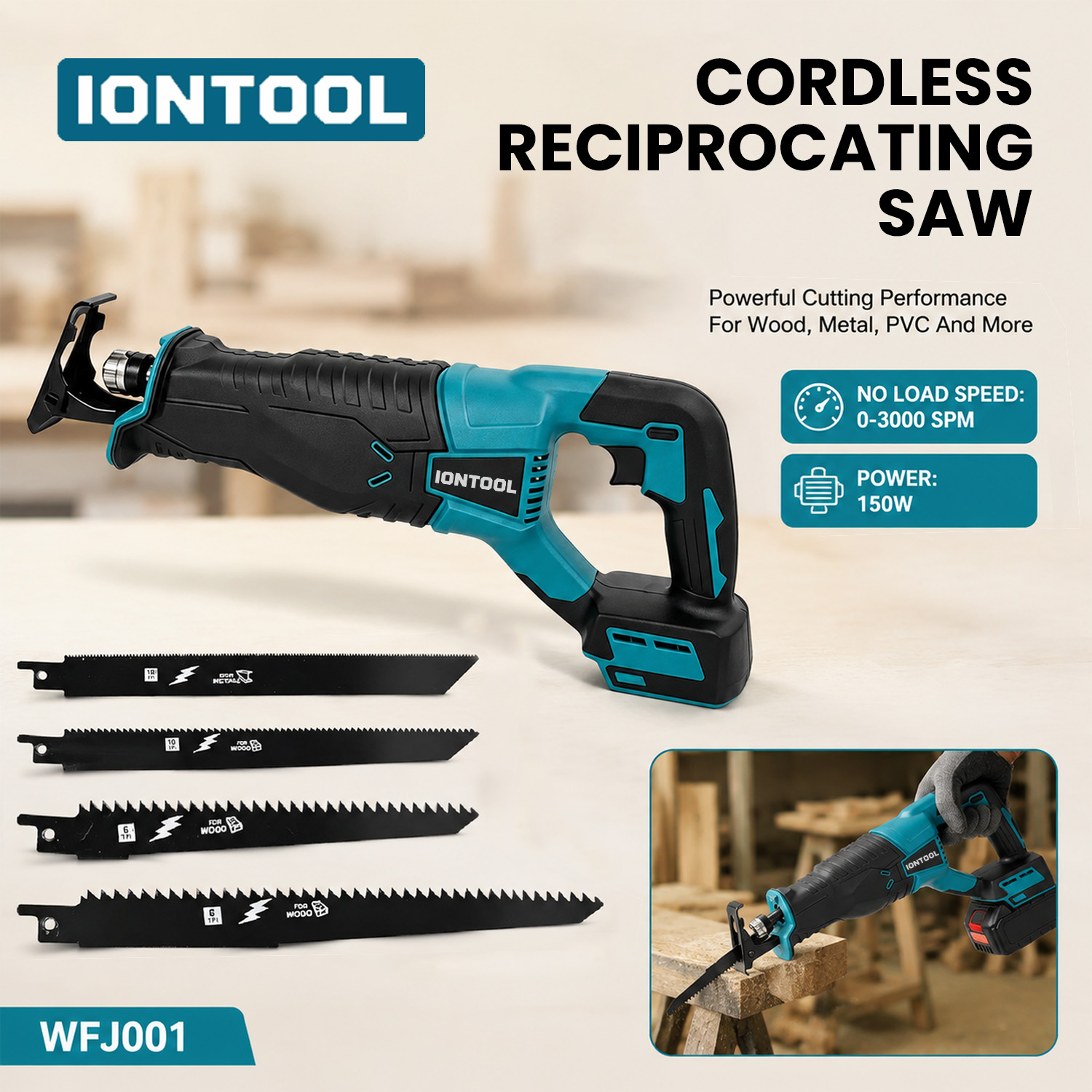 Reciprocating Saw Cordless - IONTOOL 150W Reciprocating Saw 0-3000RPM Cordless